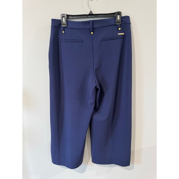 NWOT Michael Kors Navy Wide-Leg Cropped Pants Size 8 – Gold Hardware Trouser - Picture 2 of 6